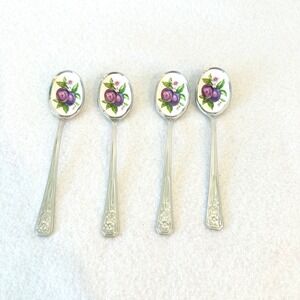 Vintage Avon Enamel Plum Spoons Stainless Steel Japan Set of 4